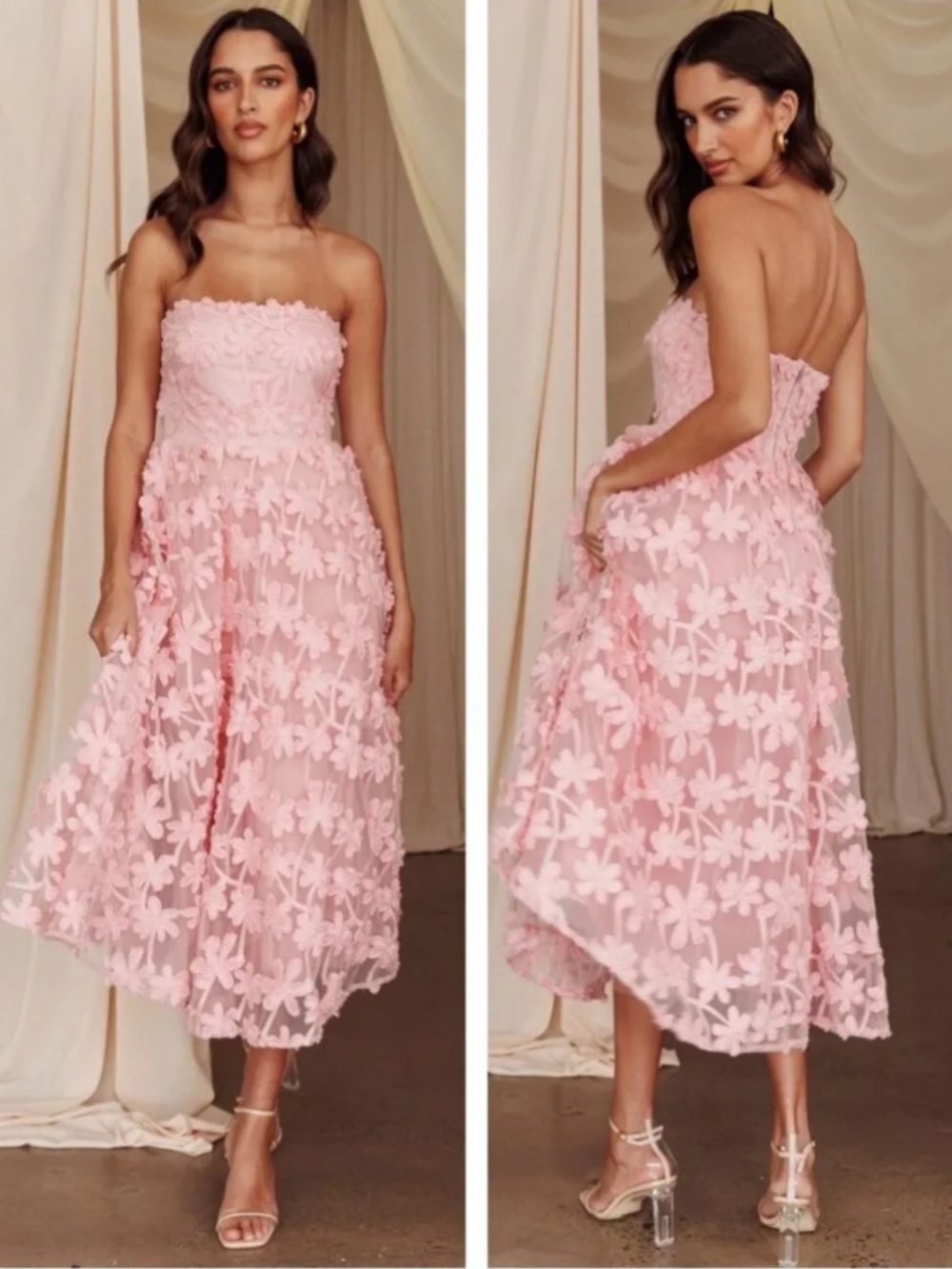 Selfie Leslie Dori 3D Pink Floral Embellished Strapless Midi Dress